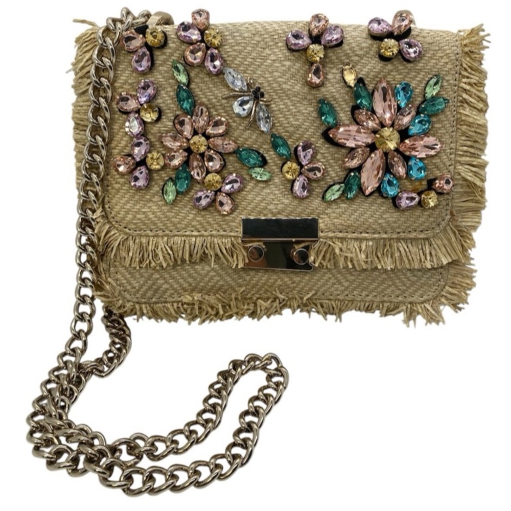 Multi Colored Embellished Zara shoulder straw bag with lock fasten